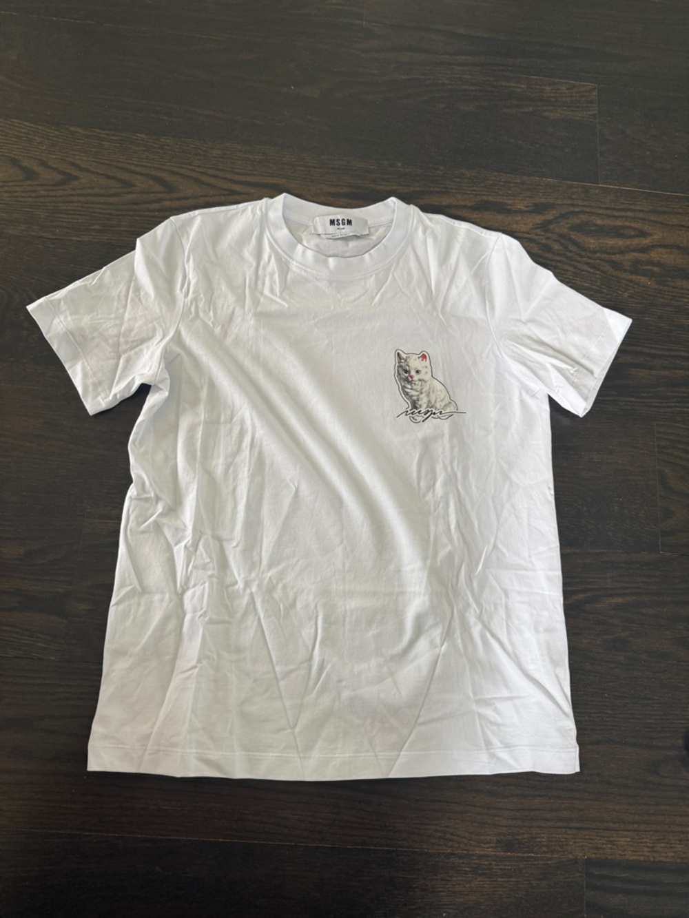 MSGM White Tee with Small Cat Sketch